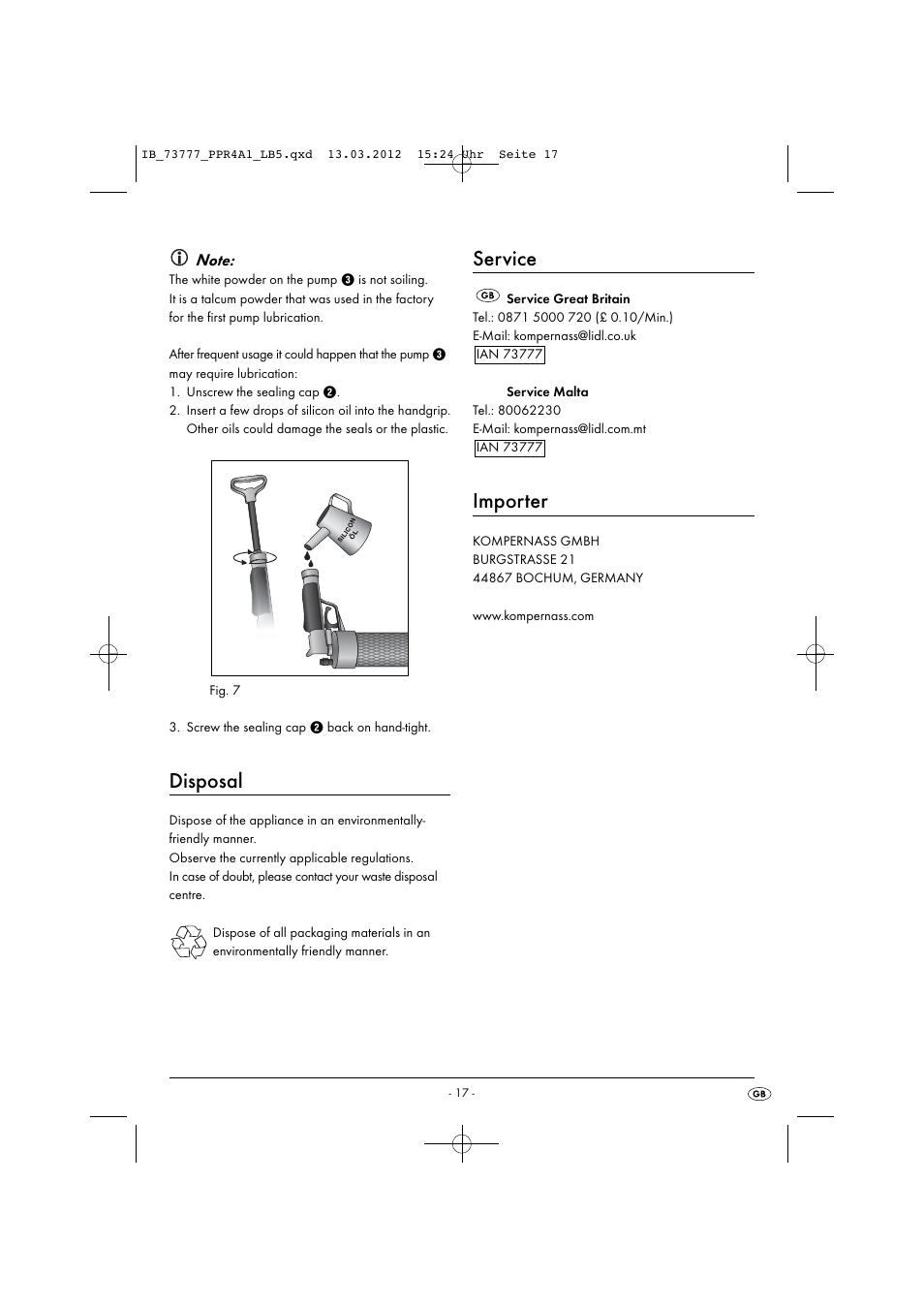 Disposal, Service, Importer | Powerfix PPR 4 A1 User Manual | Page 20 / 27