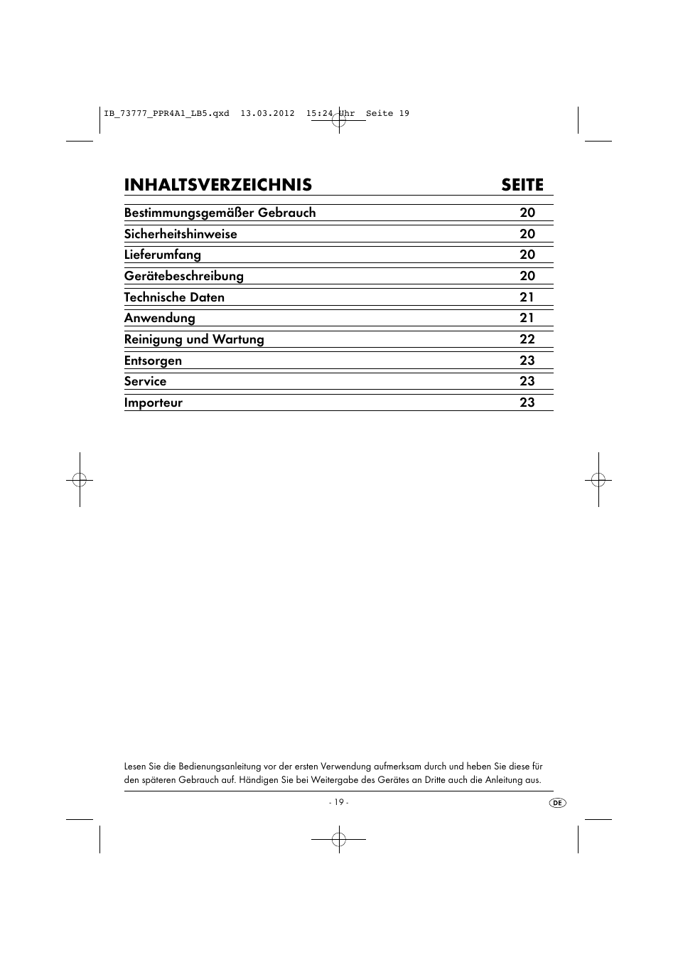 Inhaltsverzeichnis seite | Powerfix PPR 4 A1 User Manual | Page 22 / 27