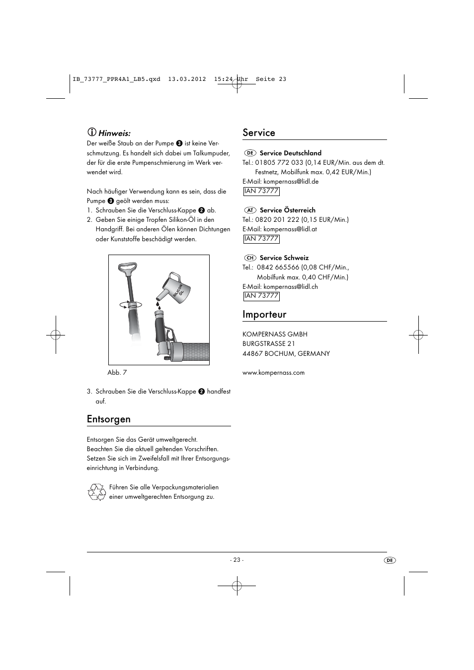 Entsorgen, Service, Importeur | Hinweis | Powerfix PPR 4 A1 User Manual | Page 26 / 27
