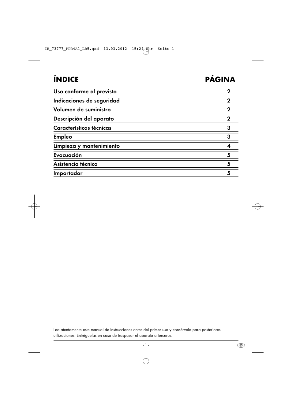 Índice página | Powerfix PPR 4 A1 User Manual | Page 4 / 27
