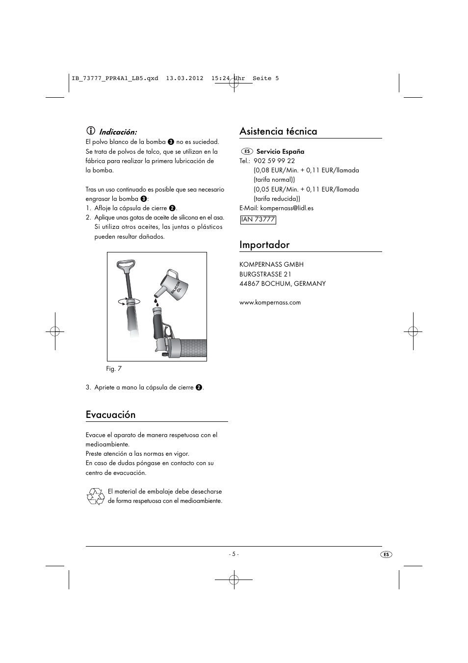 Evacuación, Asistencia técnica, Importador | Powerfix PPR 4 A1 User Manual | Page 8 / 27