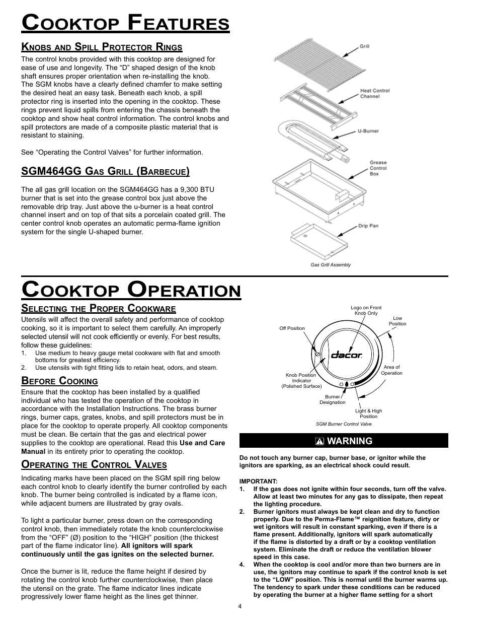 Ooktop, Eatures, Peration | Sgm464gg g | Dacor SGM304 User Manual | Page 6 / 16