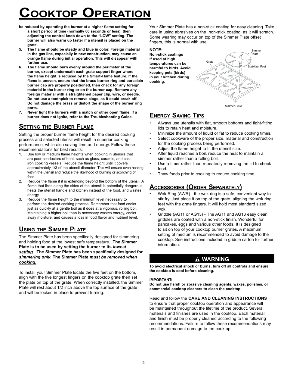 Ooktop, Peration | Dacor SGM304 User Manual | Page 7 / 16
