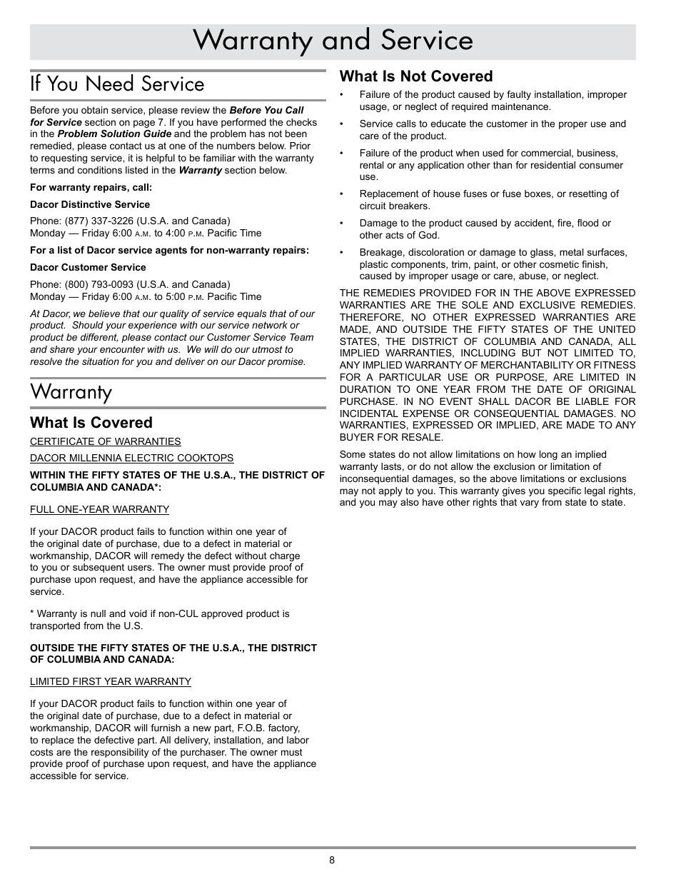 Warranty and service, Business reply mail, If you need service | Warranty, What is covered, What is not covered | Dacor MILLENNIA ETT304-1 User Manual | Page 10 / 12