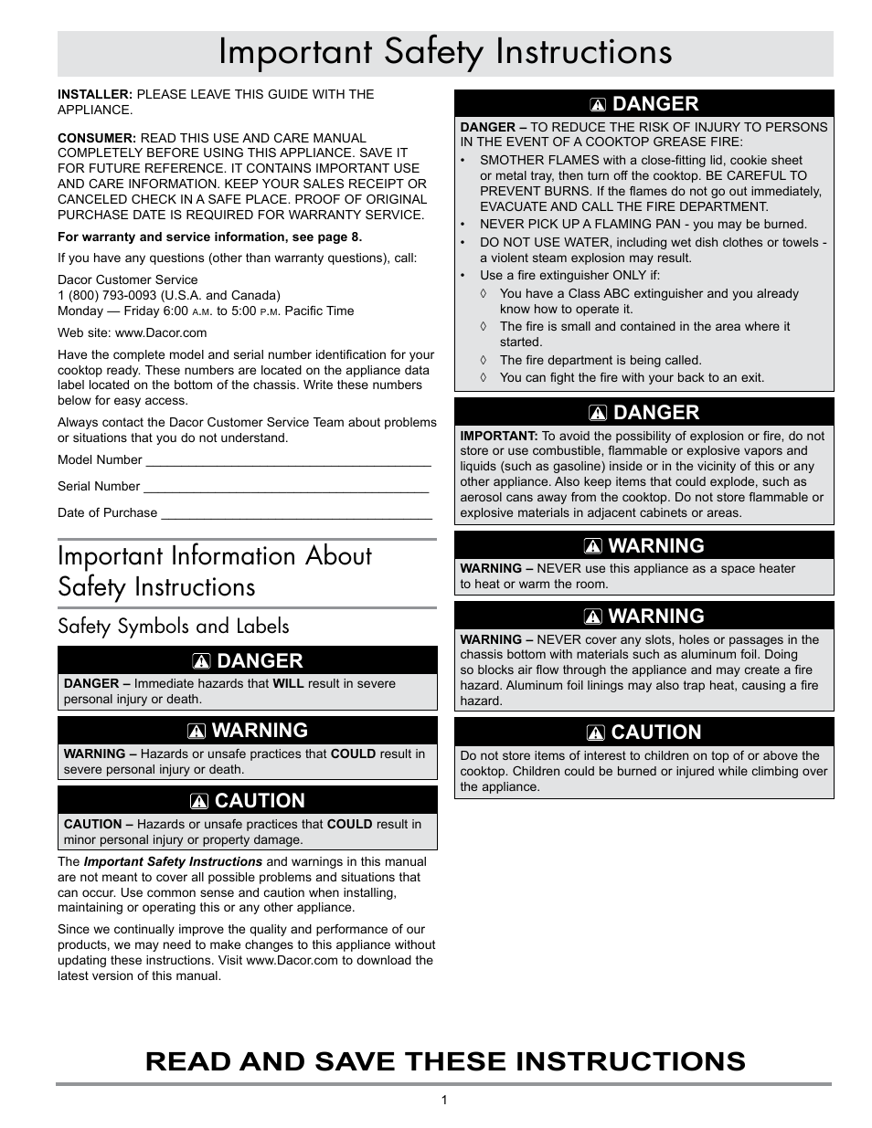 Important safety instructions, Important information about safety instructions, Read and save these instructions | Danger, Warning, Caution, Safety symbols and labels danger | Dacor MILLENNIA ETT304-1 User Manual | Page 3 / 12