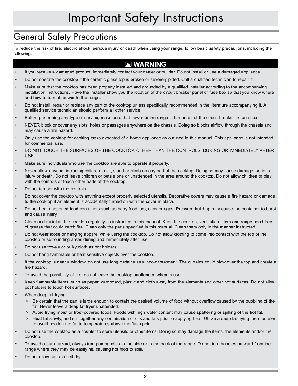 Important safety instructions, General safety precautions, Warning | Dacor MILLENNIA ETT304-1 User Manual | Page 4 / 12