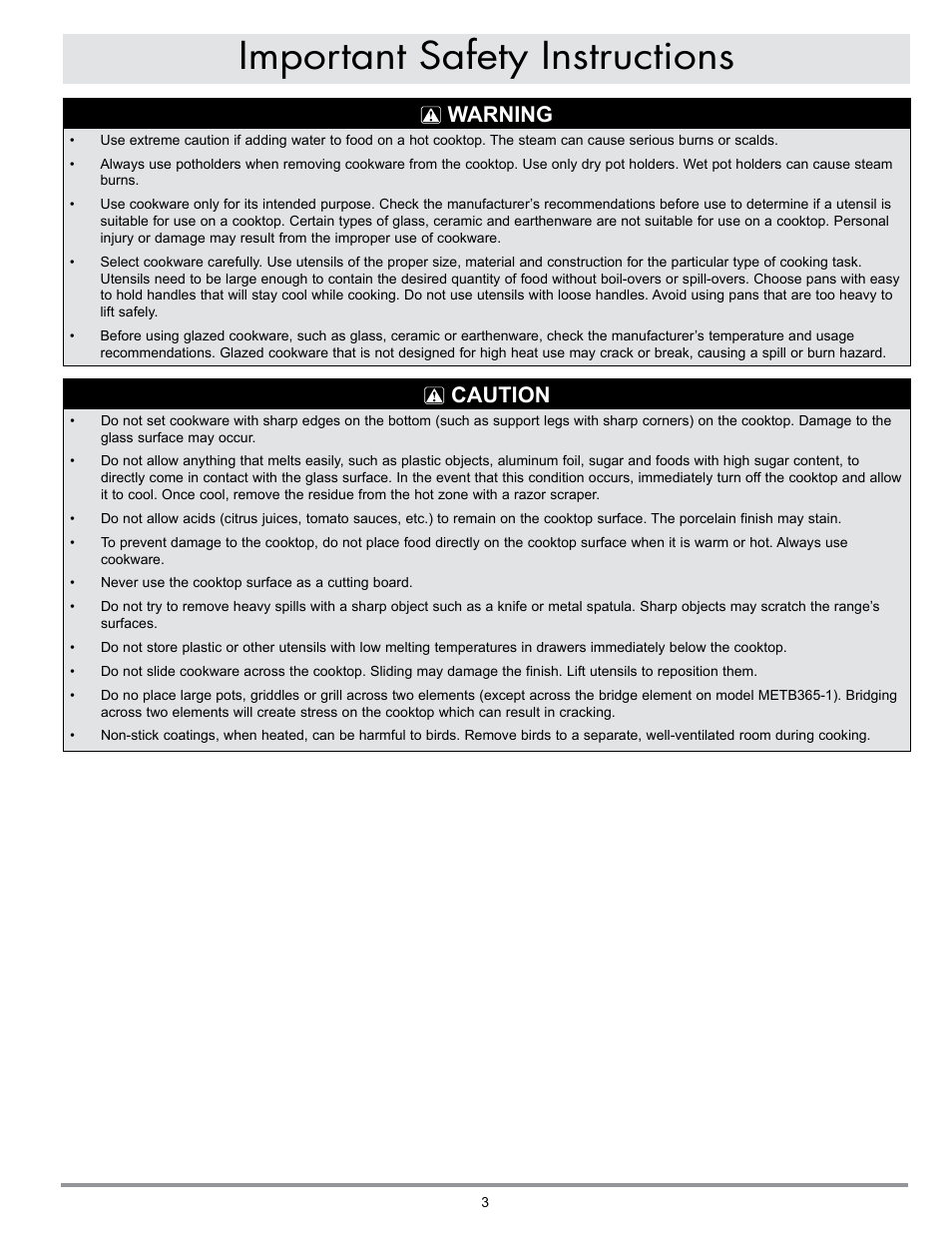 Important safety instructions, Warning, Caution | Dacor MILLENNIA ETT304-1 User Manual | Page 5 / 12