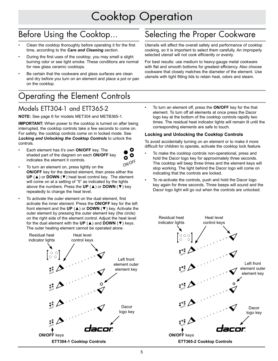 Cooktop operation, Before using the cooktop, Selecting the proper cookware | Operating the element controls, Locking and unlocking the cooktop controls | Dacor MILLENNIA ETT304-1 User Manual | Page 7 / 12