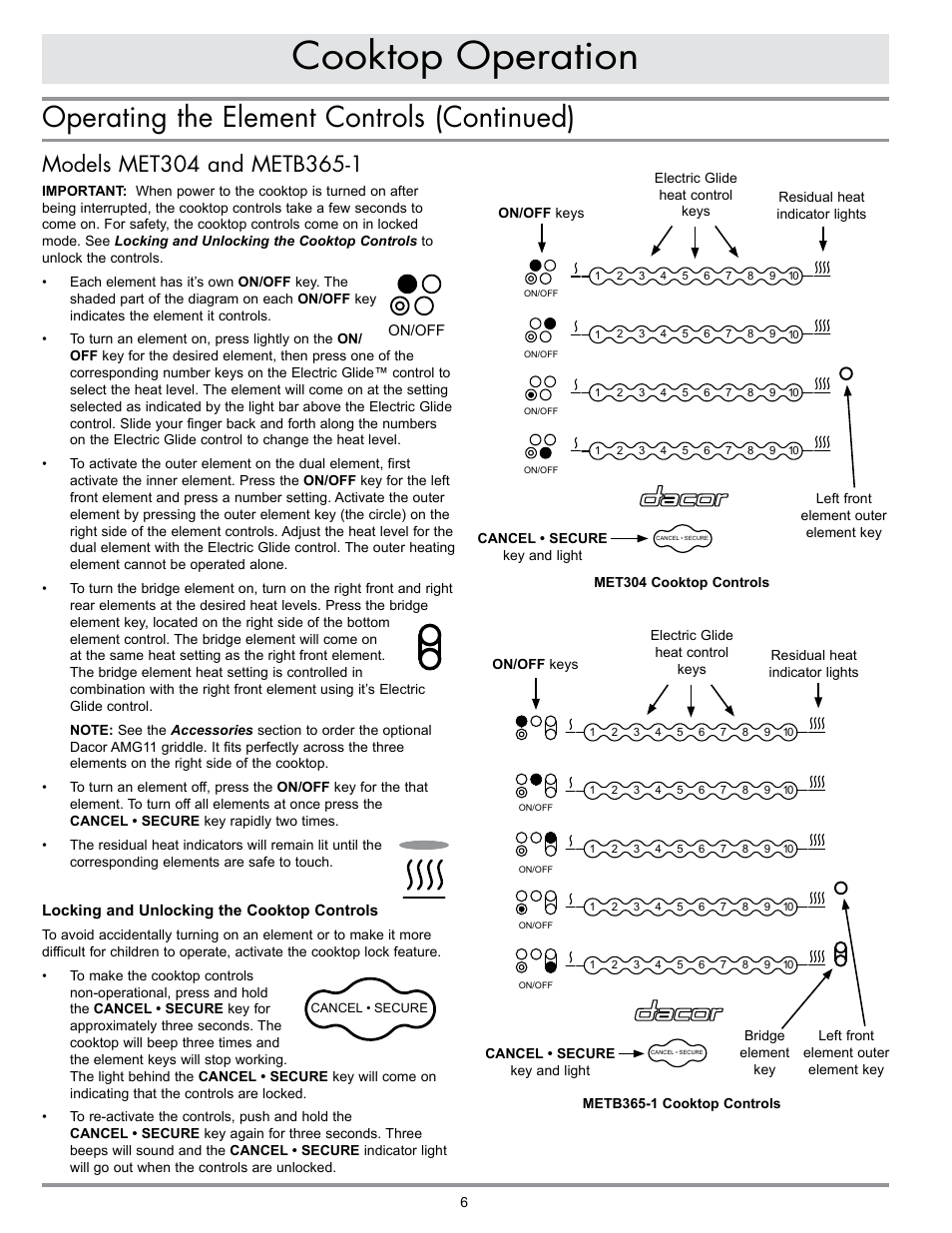 Cooktop operation, Operating the element controls (continued), On/off | Dacor MILLENNIA ETT304-1 User Manual | Page 8 / 12