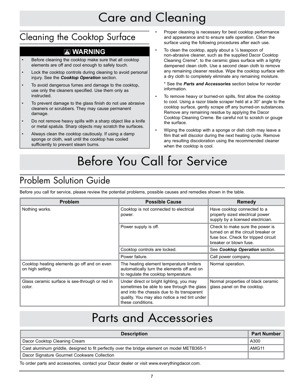 Parts and accessories, Before you call for service care and cleaning, Problem solution guide | Cleaning the cooktop surface, Warning | Dacor MILLENNIA ETT304-1 User Manual | Page 9 / 12