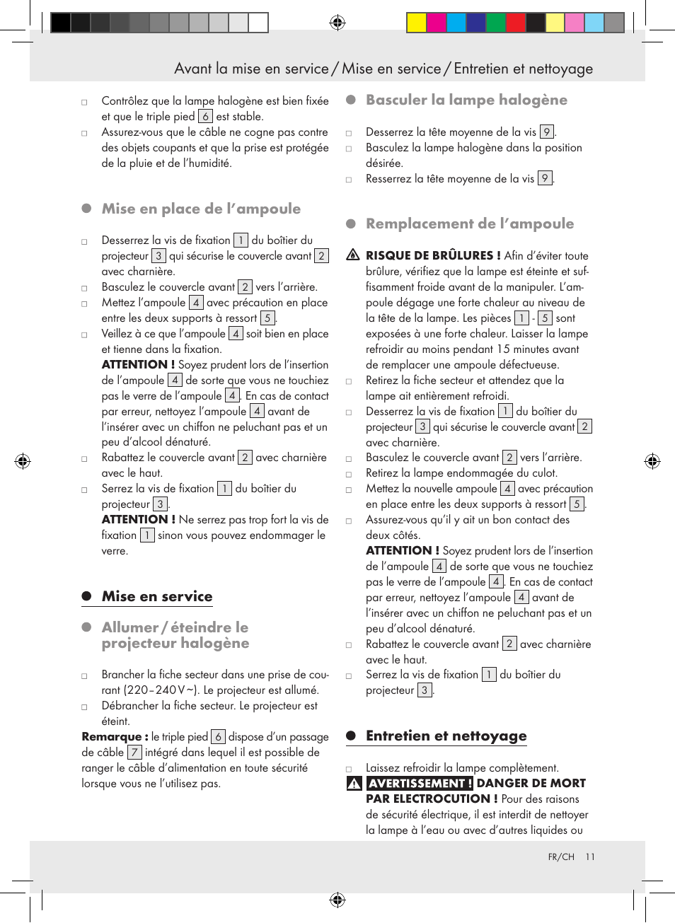 Mise en place de l’ampoule, Basculer la lampe halogène, Remplacement de l’ampoule | Entretien et nettoyage | Powerfix Halogen Lamp User Manual | Page 11 / 21
