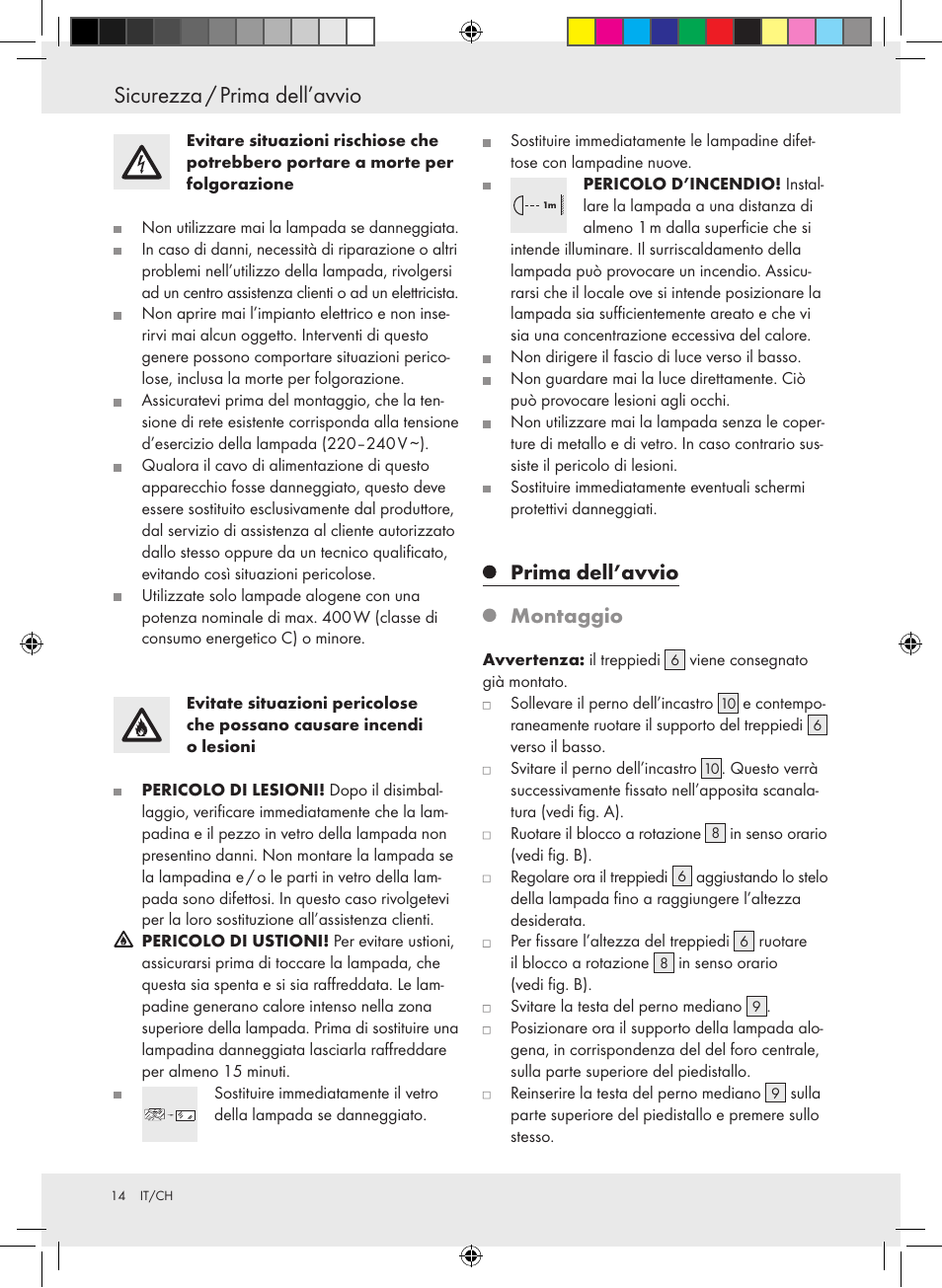 Sicurezza / prima dell’avvio, Prima dell’avvio montaggio | Powerfix Halogen Lamp User Manual | Page 14 / 21