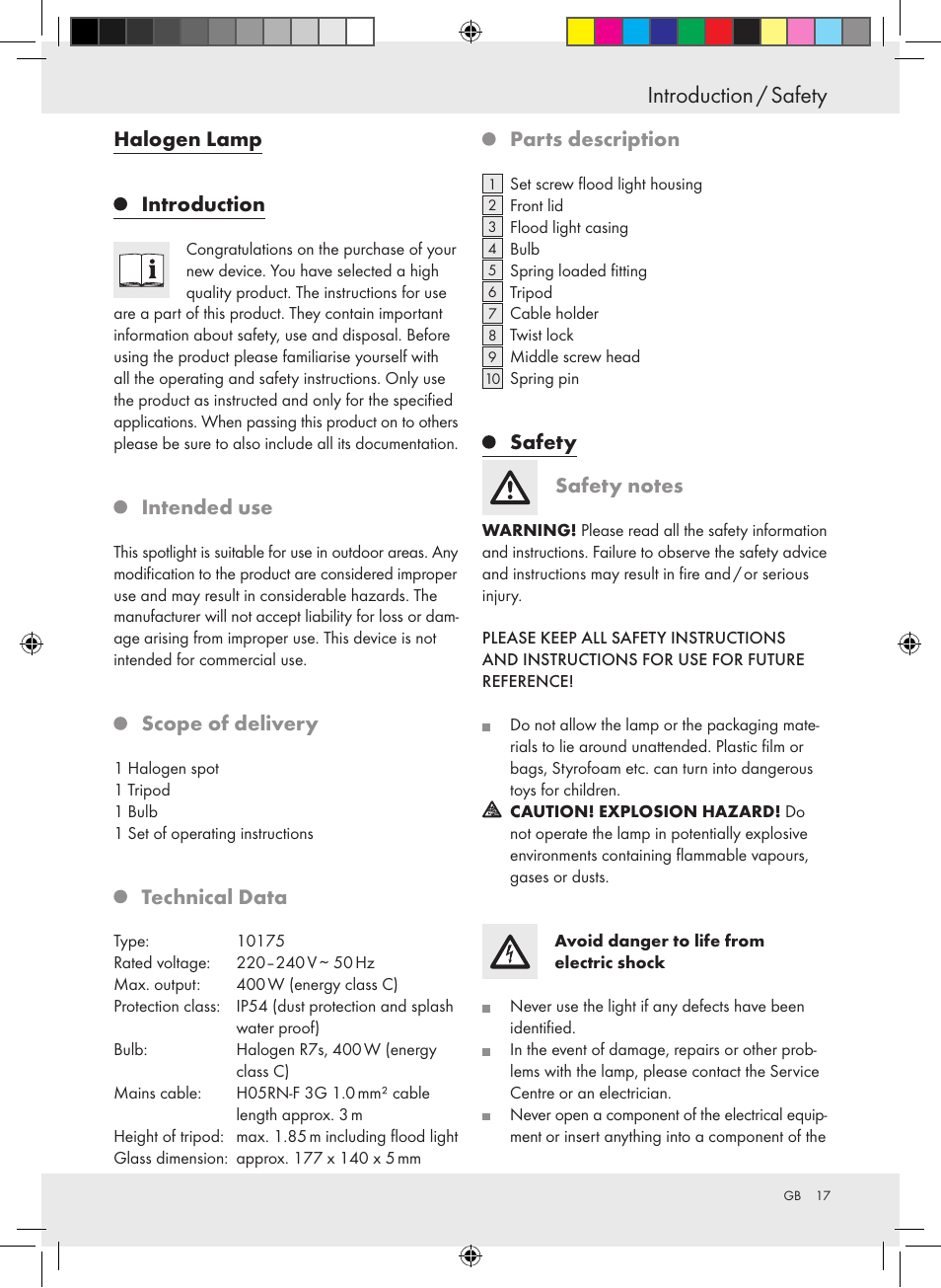 Introduction / safety | Powerfix Halogen Lamp User Manual | Page 17 / 21