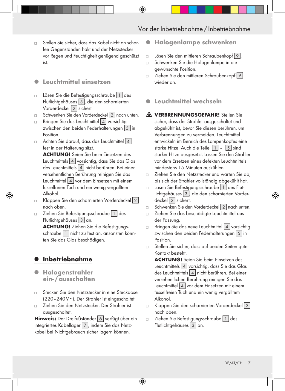 Vor der inbetriebnahme / inbetriebnahme, Leuchtmittel einsetzen, Inbetriebnahme halogenstrahler ein- / ausschalten | Halogenlampe schwenken, Leuchtmittel wechseln | Powerfix Halogen Lamp User Manual | Page 7 / 21
