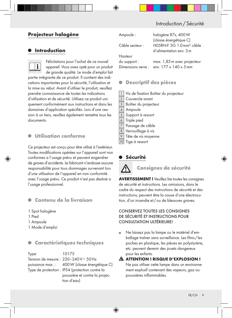 Introduction / sécurité | Powerfix Halogen Lamp User Manual | Page 9 / 21