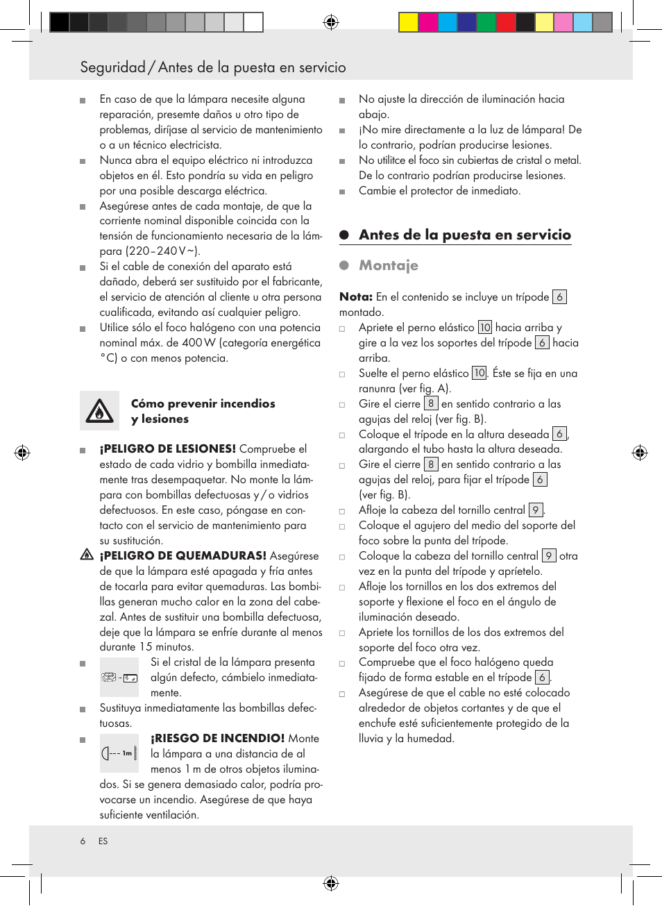 Seguridad / antes de la puesta en servicio, Antes de la puesta en servicio montaje | Powerfix Halogen Lamp User Manual | Page 6 / 17