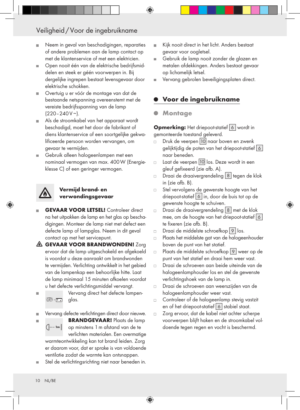 Veiligheid / voor de ingebruikname, Voor de ingebruikname montage | Powerfix Halogen Lamp User Manual | Page 10 / 21