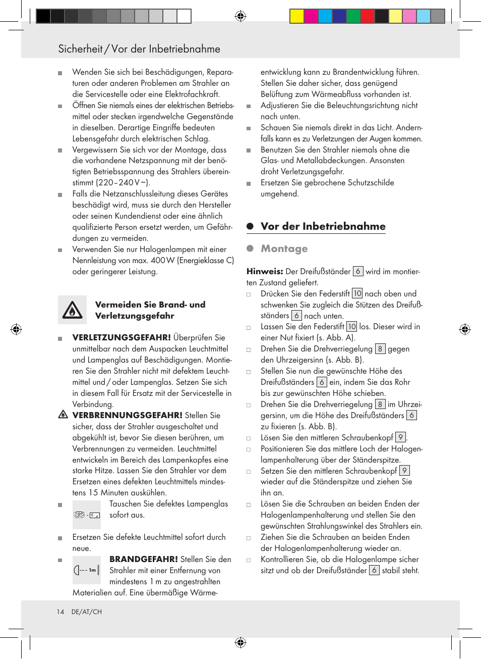 Sicherheit / vor der inbetriebnahme, Vor der inbetriebnahme montage | Powerfix Halogen Lamp User Manual | Page 14 / 21