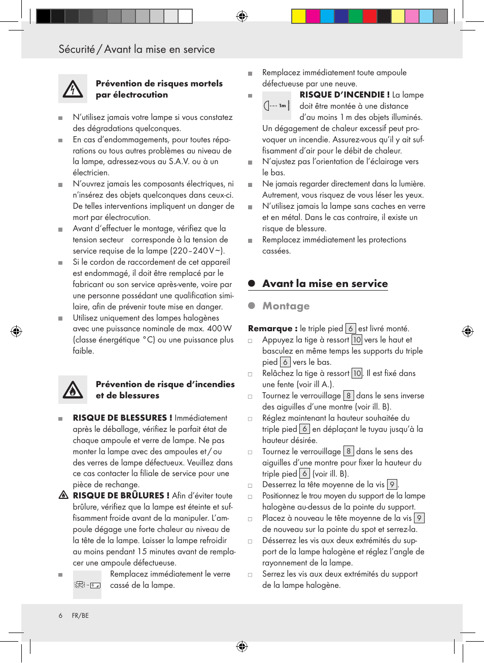 Sécurité / avant la mise en service, Avant la mise en service montage | Powerfix Halogen Lamp User Manual | Page 6 / 21