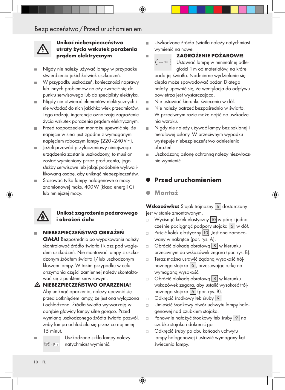 Bezpieczeństwo / przed uruchomieniem, Przed uruchomieniem montaż | Powerfix Halogen Lamp User Manual | Page 10 / 25