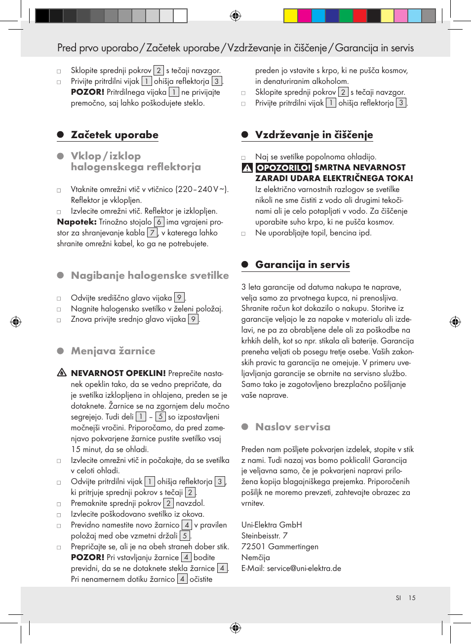 Nagibanje halogenske svetilke, Menjava žarnice, Vzdrževanje in čiščenje | Garancija in servis, Naslov servisa | Powerfix Halogen Lamp User Manual | Page 15 / 25