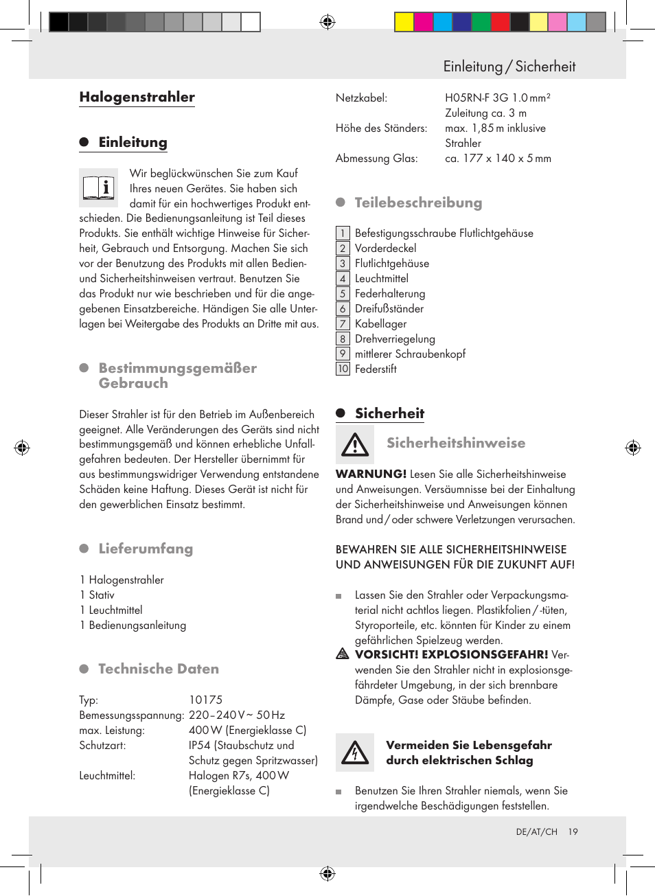 Einleitung / sicherheit, Halogenstrahler einleitung, Bestimmungsgemäßer gebrauch | Lieferumfang, Technische daten, Teilebeschreibung, Sicherheit sicherheitshinweise | Powerfix Halogen Lamp User Manual | Page 19 / 25