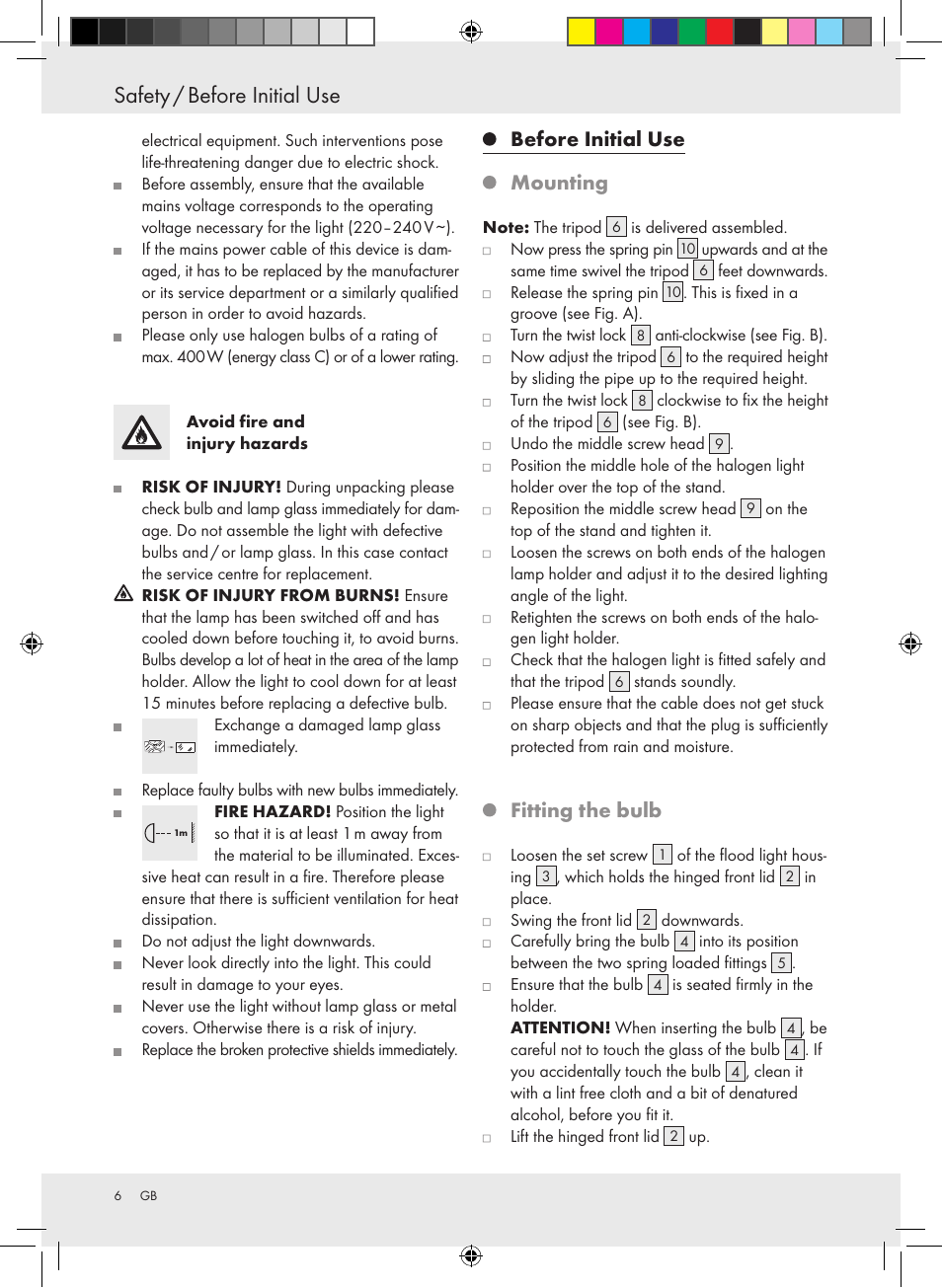 Safety / before initial use, Before initial use mounting, Fitting the bulb | Powerfix Halogen Lamp User Manual | Page 6 / 25