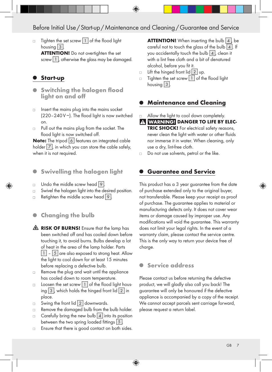 Swivelling the halogen light, Changing the bulb, Maintenance and cleaning | Guarantee and service, Service address | Powerfix Halogen Lamp User Manual | Page 7 / 25