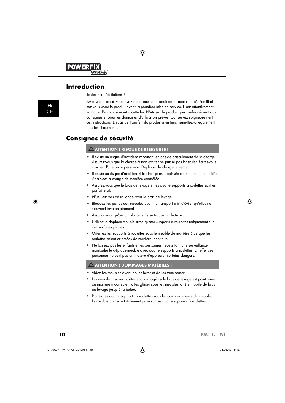 Introduction, Consignes de sécurité, Fr ch | Powerfix PMT 1.1 A1 User Manual | Page 13 / 44