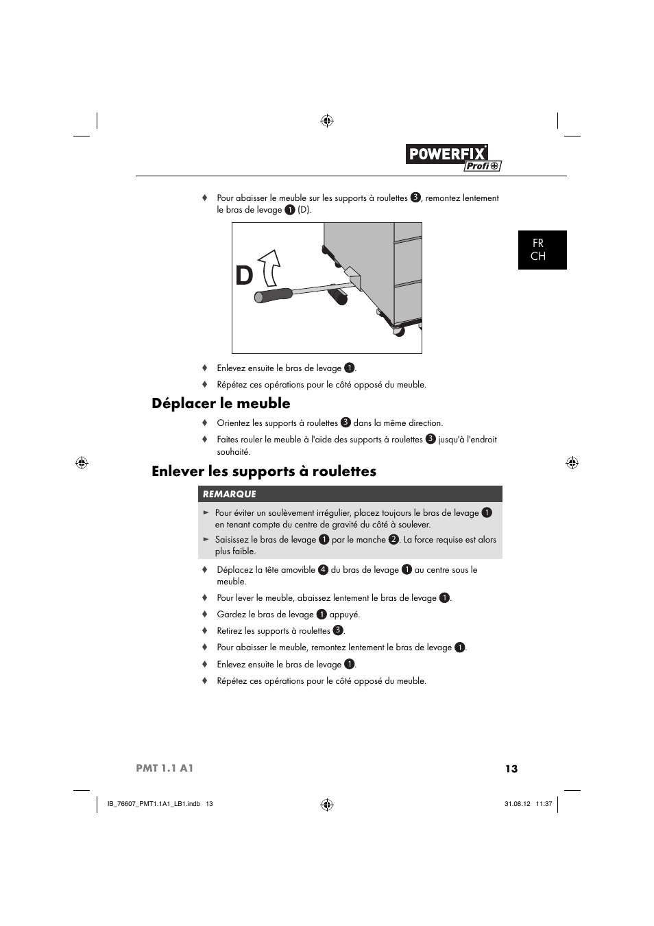 Déplacer le meuble, Enlever les supports à roulettes, Fr ch | Powerfix PMT 1.1 A1 User Manual | Page 16 / 44