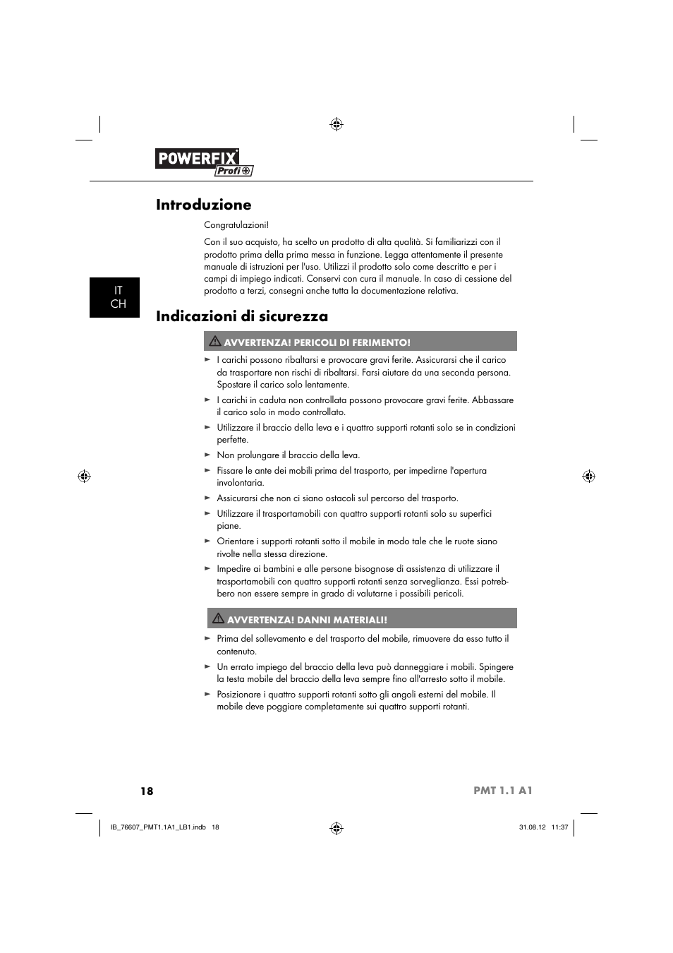 Introduzione, Indicazioni di sicurezza, It ch | Powerfix PMT 1.1 A1 User Manual | Page 21 / 44