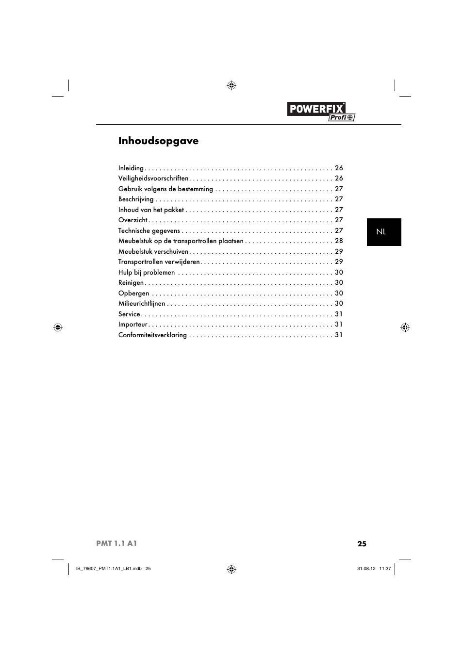 Inhoudsopgave | Powerfix PMT 1.1 A1 User Manual | Page 28 / 44