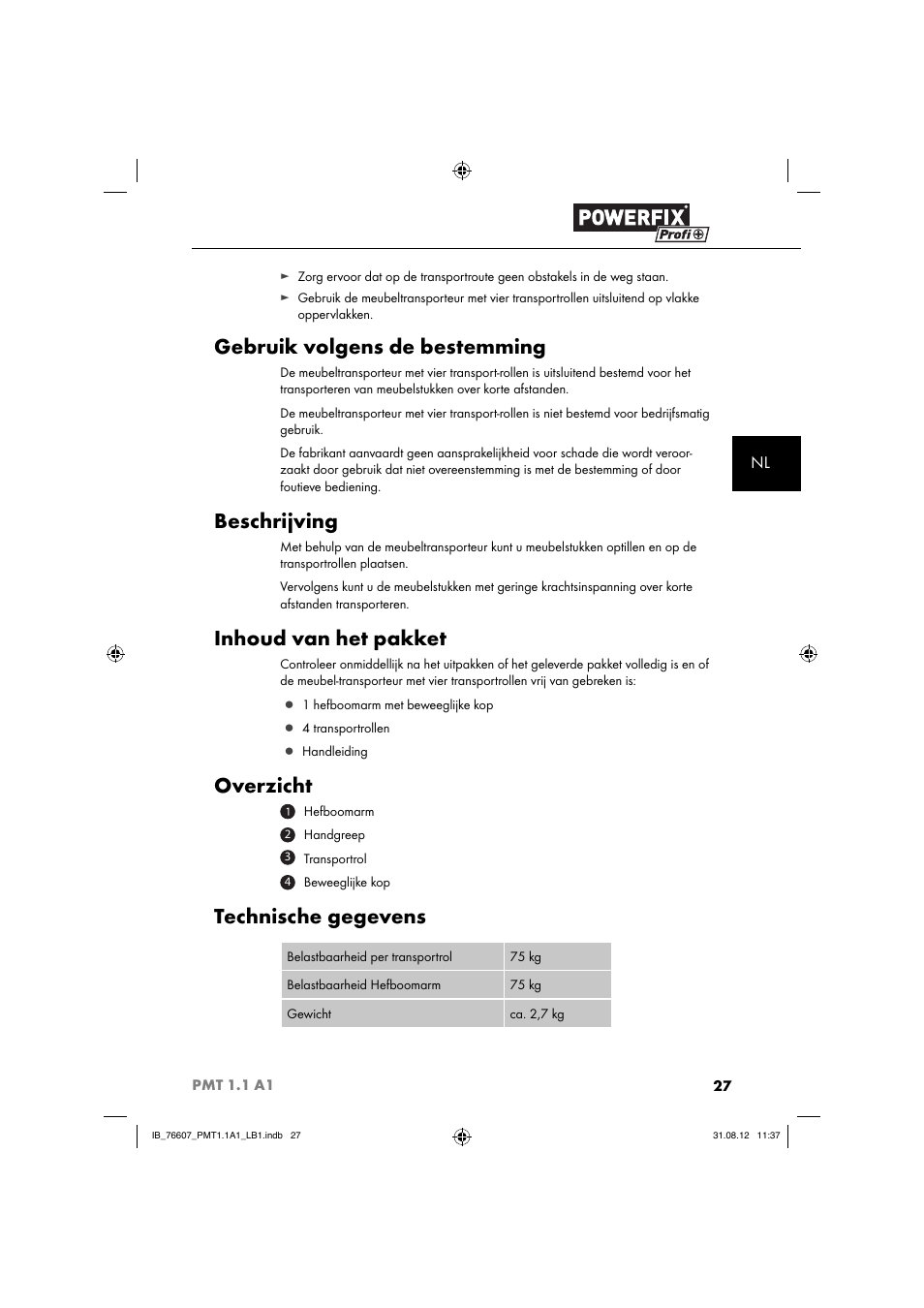 Gebruik volgens de bestemming, Beschrijving, Inhoud van het pakket | Overzicht, Technische gegevens | Powerfix PMT 1.1 A1 User Manual | Page 30 / 44