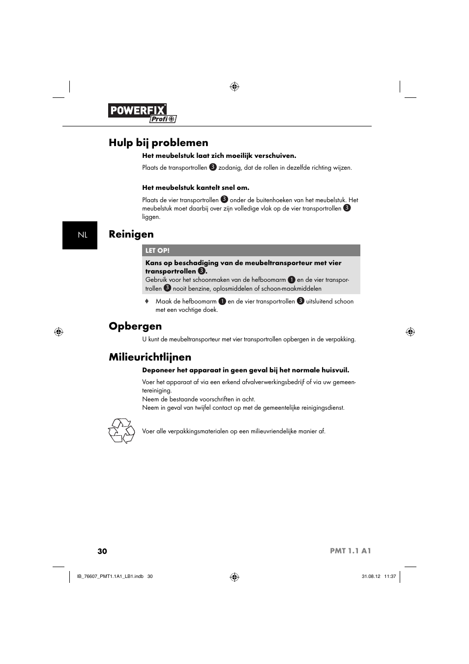 Hulp bij problemen, Reinigen, Opbergen | Milieurichtlijnen | Powerfix PMT 1.1 A1 User Manual | Page 33 / 44