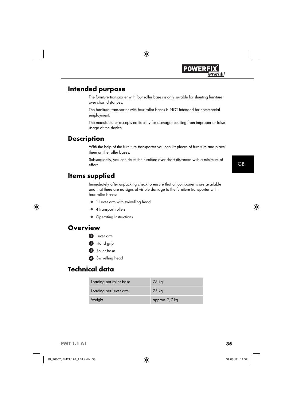 Intended purpose, Description, Items supplied | Overview, Technical data | Powerfix PMT 1.1 A1 User Manual | Page 38 / 44