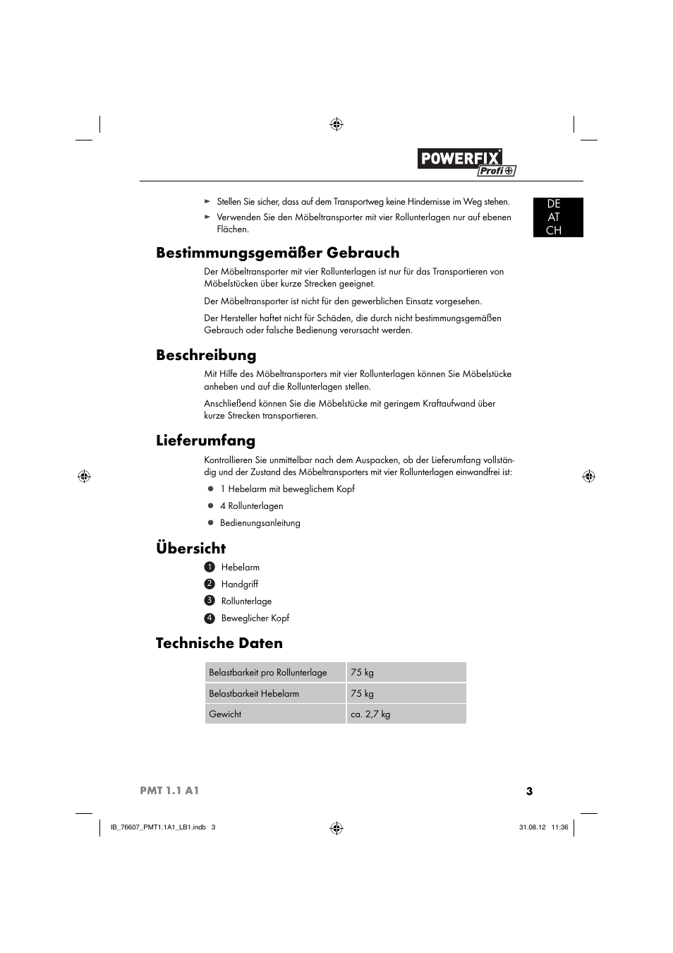 Bestimmungsgemäßer gebrauch, Beschreibung, Lieferumfang | Übersicht, Technische daten, De at ch | Powerfix PMT 1.1 A1 User Manual | Page 6 / 44