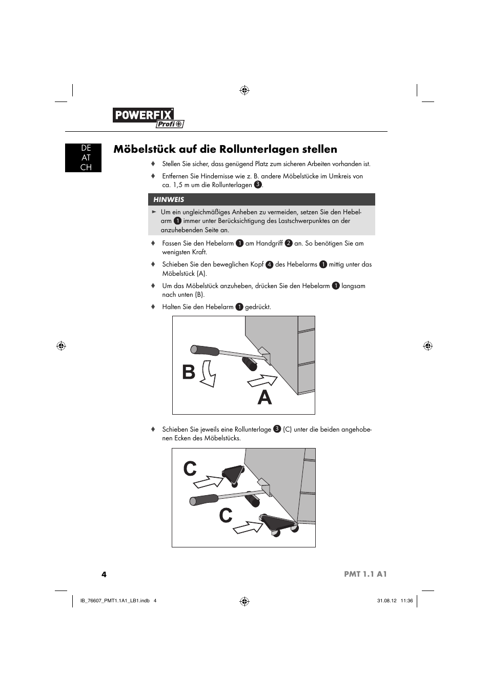 Möbelstück auf die rollunterlagen stellen | Powerfix PMT 1.1 A1 User Manual | Page 7 / 44