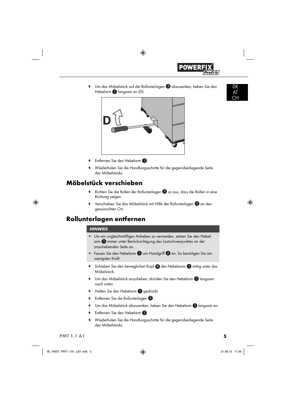 Möbelstück verschieben, Rollunterlagen entfernen, De at ch | Powerfix PMT 1.1 A1 User Manual | Page 8 / 44