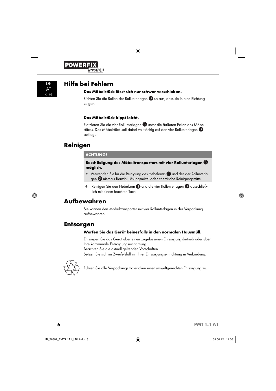 Hilfe bei fehlern, Reinigen, Aufbewahren | Entsorgen, De at ch | Powerfix PMT 1.1 A1 User Manual | Page 9 / 44