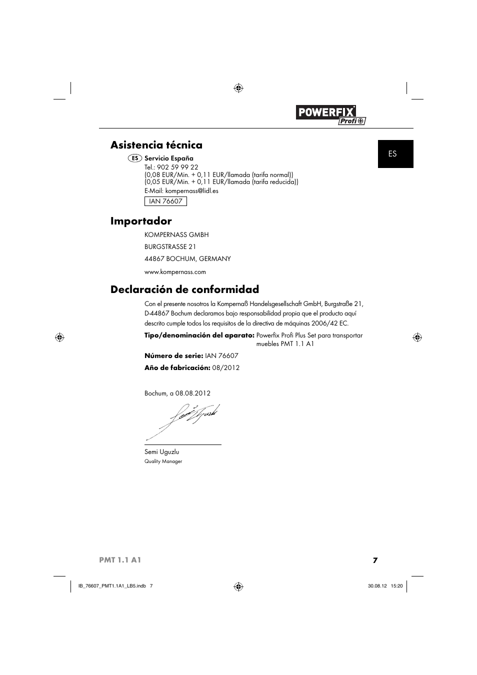 Asistencia técnica, Importador, Declaración de conformidad | Powerfix PMT 1.1 A1 User Manual | Page 10 / 43