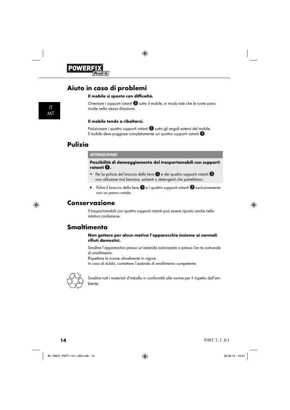 Aiuto in caso di problemi, Pulizia, Conservazione | Smaltimento, It mt | Powerfix PMT 1.1 A1 User Manual | Page 17 / 43