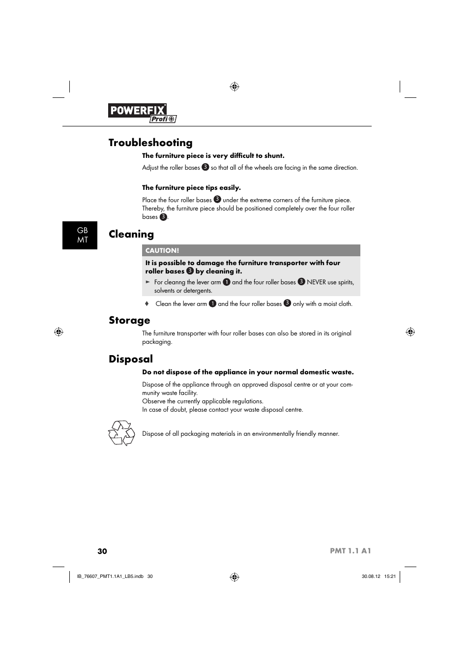 Troubleshooting, Cleaning, Storage | Disposal, Gb mt | Powerfix PMT 1.1 A1 User Manual | Page 33 / 43