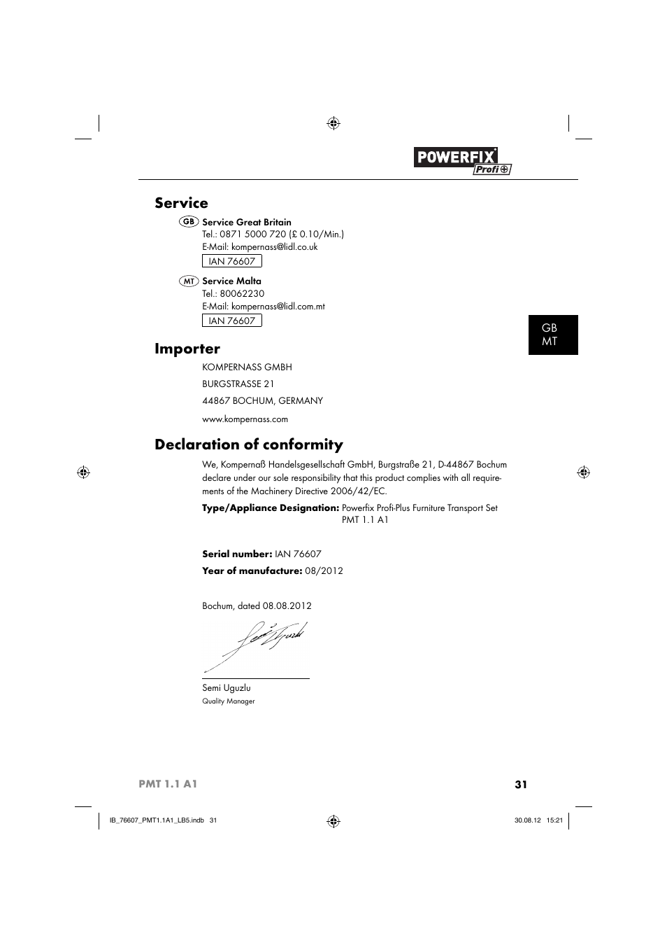 Service, Importer, Declaration of conformity | Gb mt | Powerfix PMT 1.1 A1 User Manual | Page 34 / 43