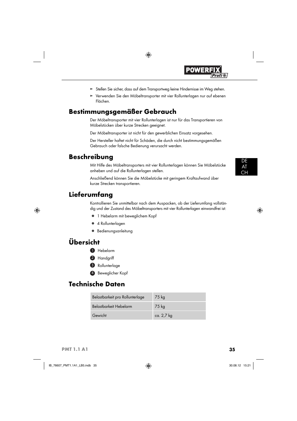 Bestimmungsgemäßer gebrauch, Beschreibung, Lieferumfang | Übersicht, Technische daten, De at ch | Powerfix PMT 1.1 A1 User Manual | Page 38 / 43