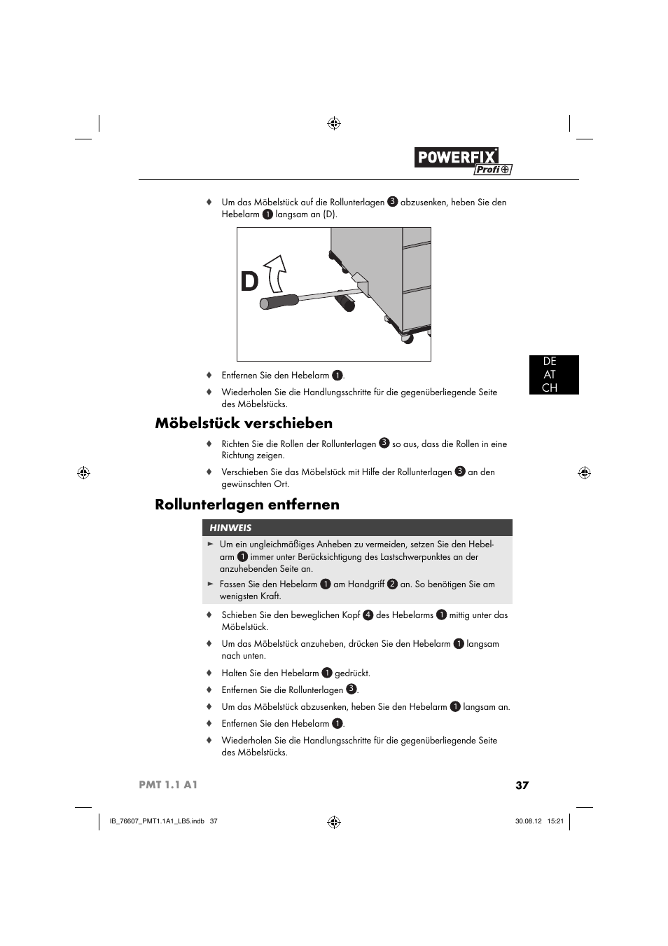 Möbelstück verschieben, Rollunterlagen entfernen, De at ch | Powerfix PMT 1.1 A1 User Manual | Page 40 / 43