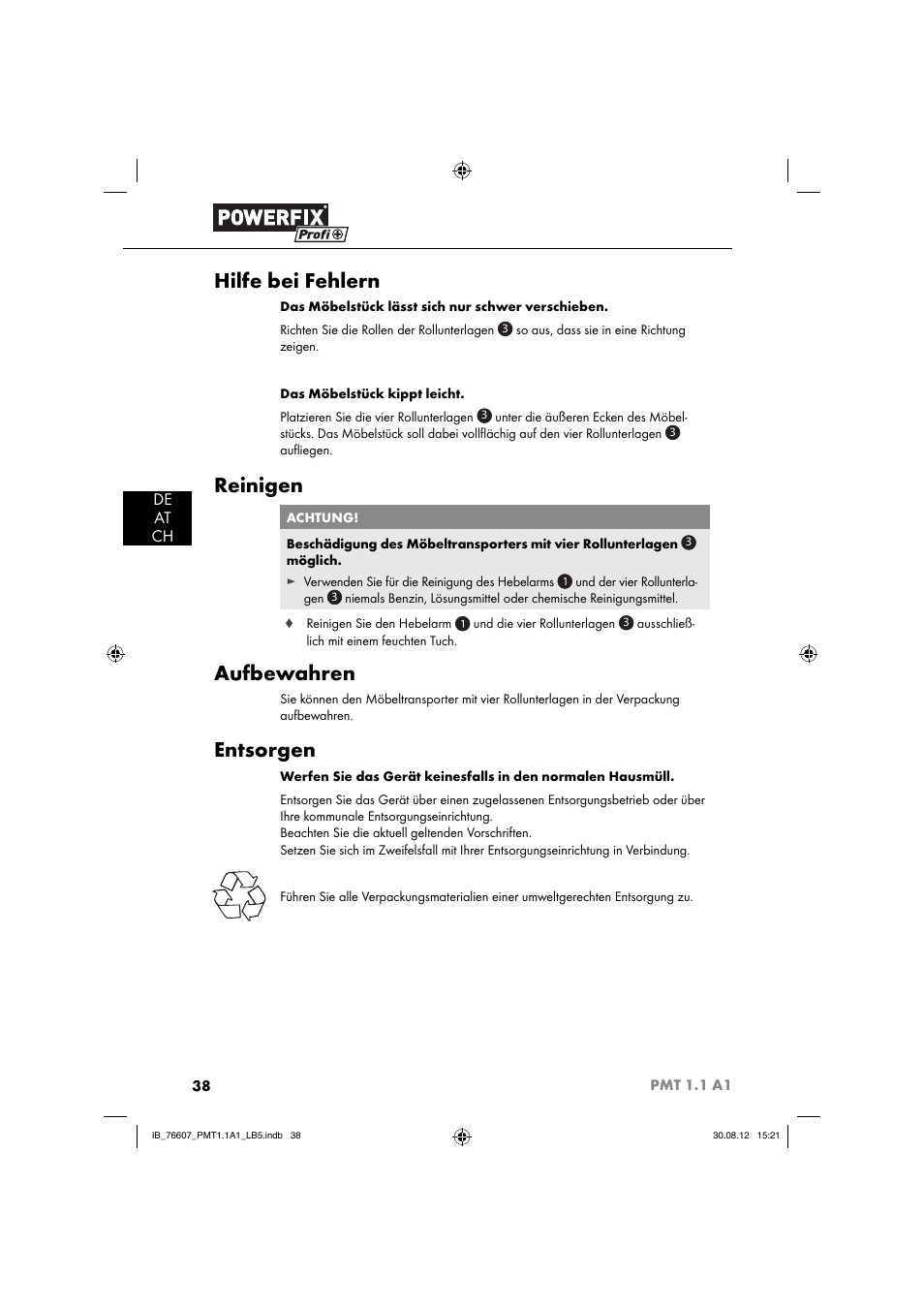 Hilfe bei fehlern, Reinigen, Aufbewahren | Entsorgen, De at ch | Powerfix PMT 1.1 A1 User Manual | Page 41 / 43