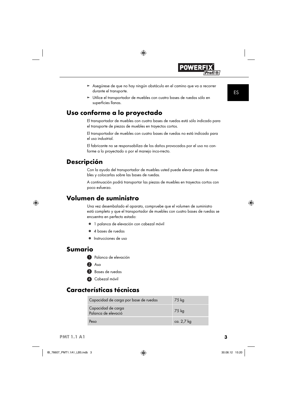 Uso conforme a lo proyectado, Descripción, Volumen de suministro | Sumario, Características técnicas | Powerfix PMT 1.1 A1 User Manual | Page 6 / 43