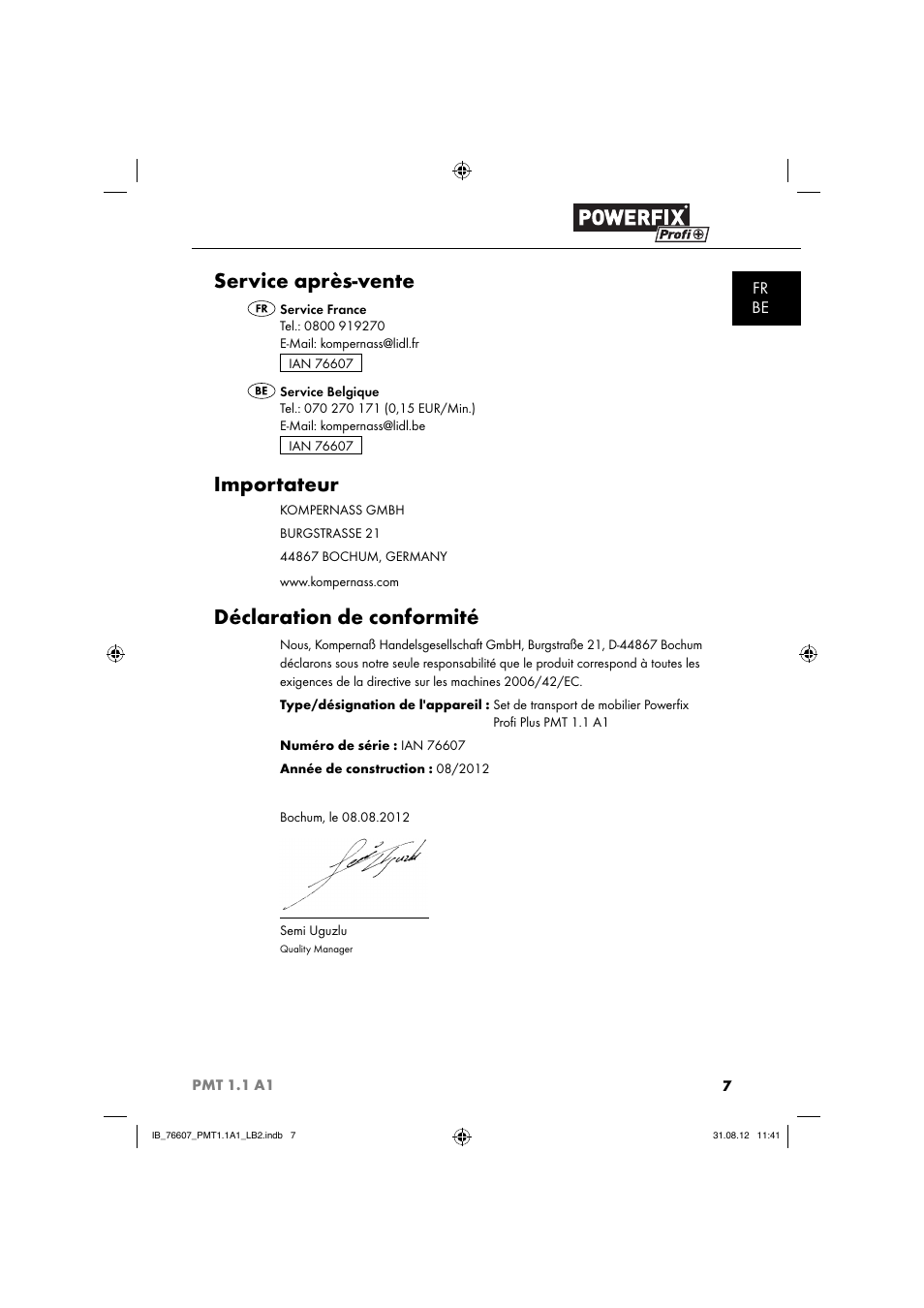 Service après-vente, Importateur, Déclaration de conformité | Fr be | Powerfix PMT 1.1 A1 User Manual | Page 10 / 36