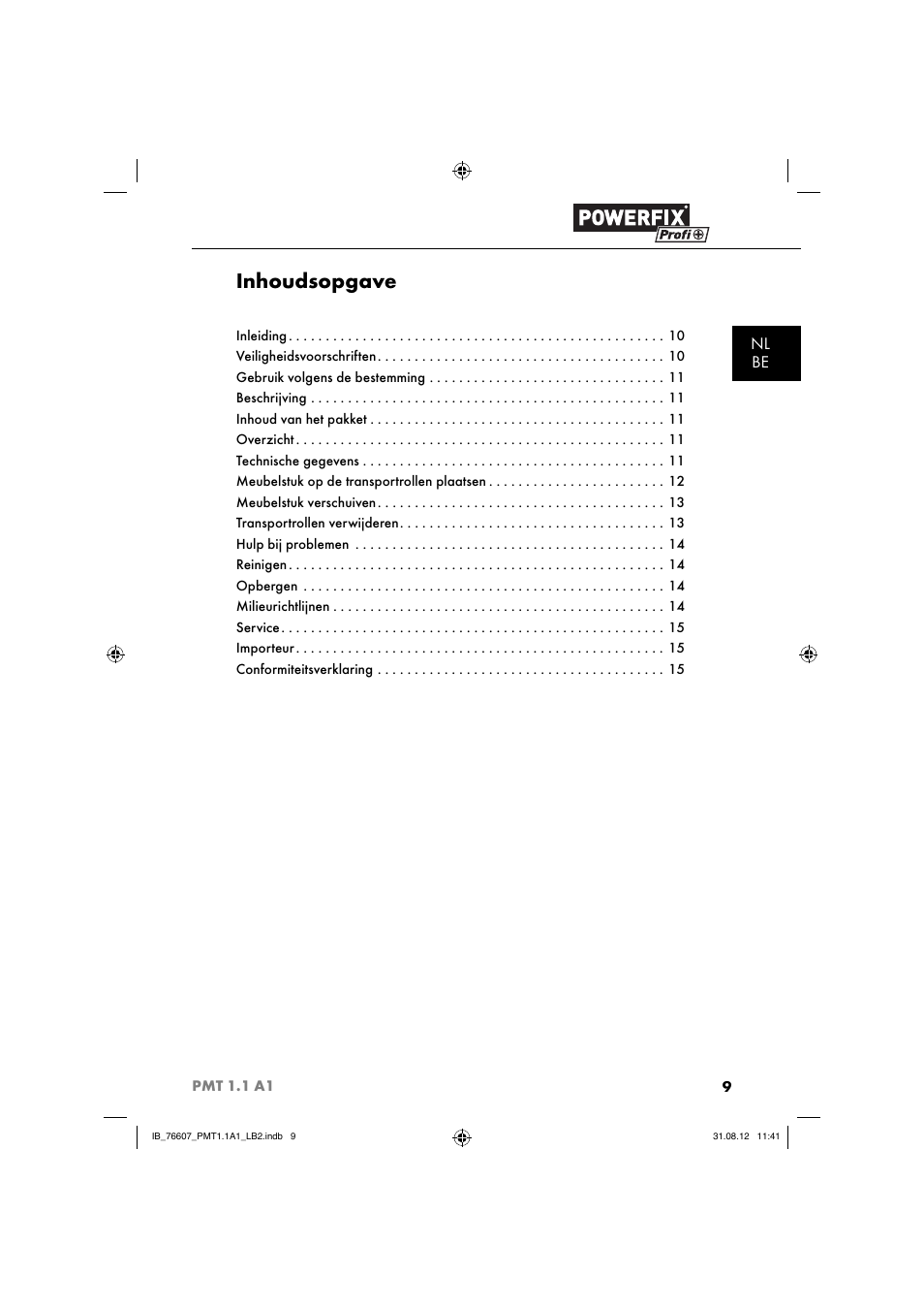 Inhoudsopgave, Nl be | Powerfix PMT 1.1 A1 User Manual | Page 12 / 36