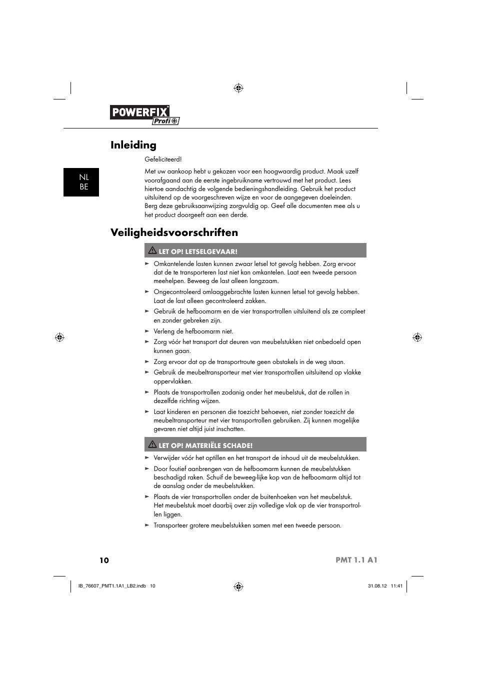 Inleiding, Veiligheidsvoorschriften, Nl be | Powerfix PMT 1.1 A1 User Manual | Page 13 / 36